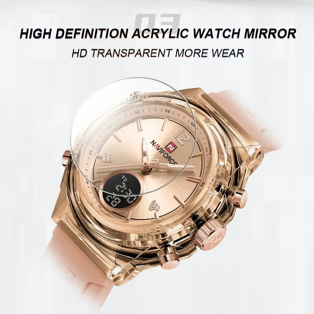 Women's NAVIFORCE gold-tone sport watch with dual time display, analog-digital dial, waterproof