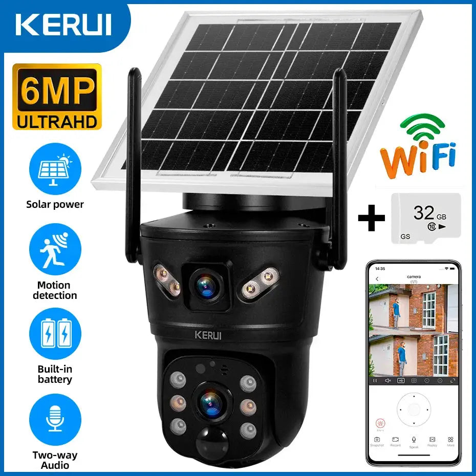 KERUI outdoor solar security camera with dual lens, built-in battery, WiFi/4G, and 32GB microSD.