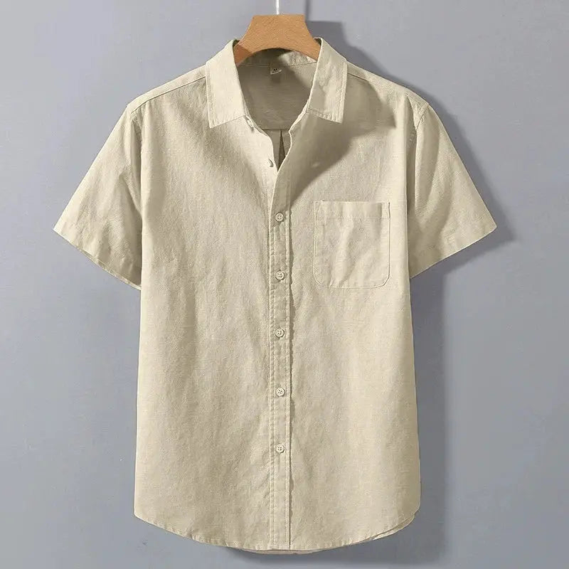Beige men's short-sleeve cotton shirt with chest pocket and button-front, by Simples Market