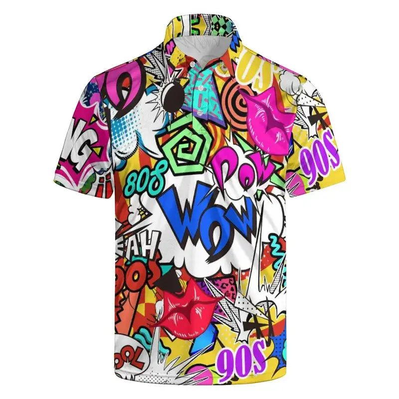 Polo shirt with multicolor 80s/90s pop-art print, short sleeves and collared.