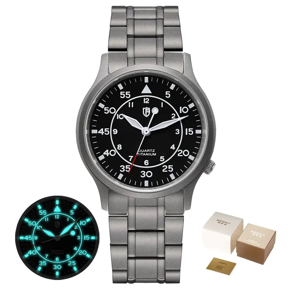 BERNY titanium men's wristwatch with black dial, luminous hands, and titanium bracelet; packaging included.