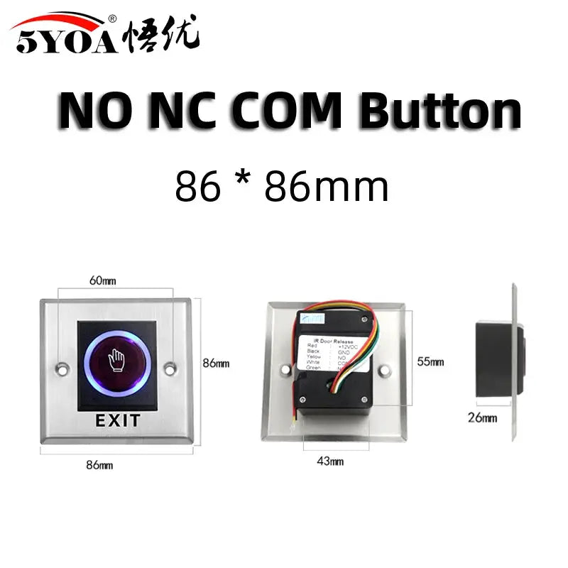 5YOA exit button push switch on brushed metal 86x86mm faceplate with blue LED ring for door access control
