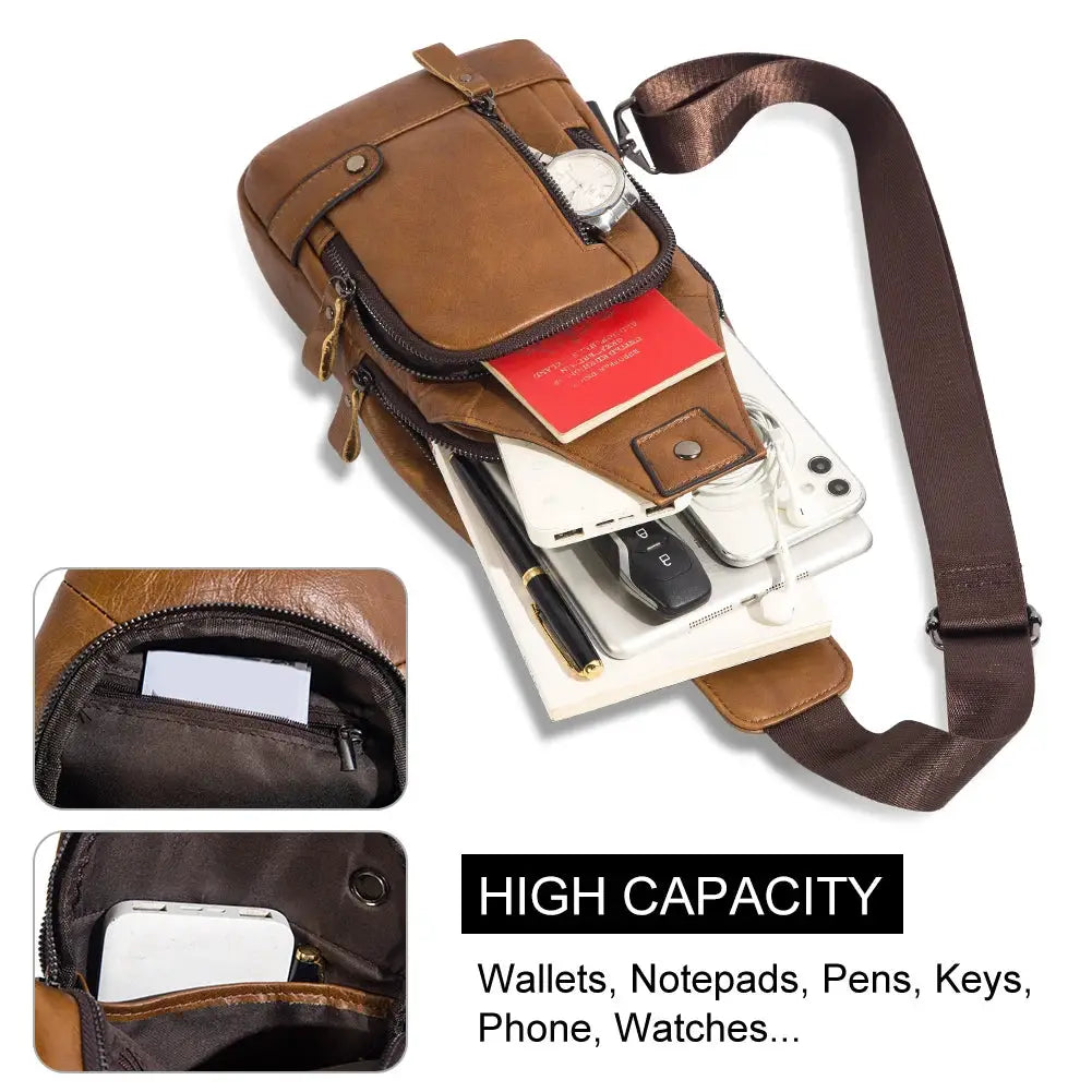 HUMERPAUL Men's USB Chest Bag, genuine brown leather crossbody with multiple pockets and high capacity