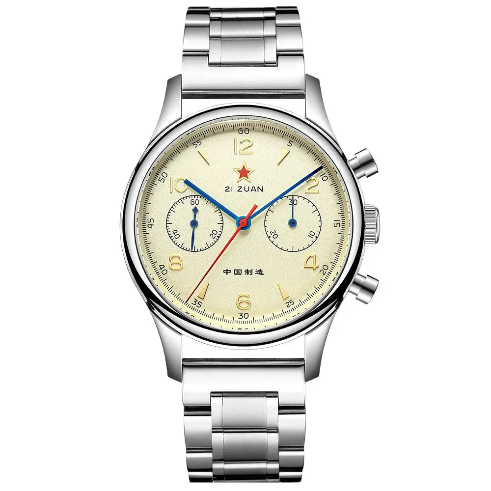 Red Star chronograph watch with stainless steel bracelet and cream dial.
