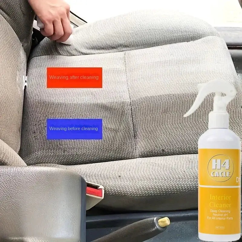 H4Cacle upholstery cleaner spray bottle beside gray car seat with before/after cleaning labels