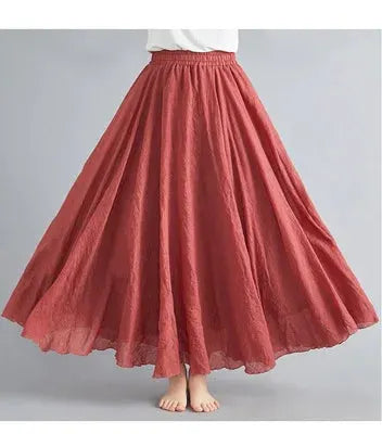 Maxi skirt in red cotton-linen, Mori Girl style, elastic waist