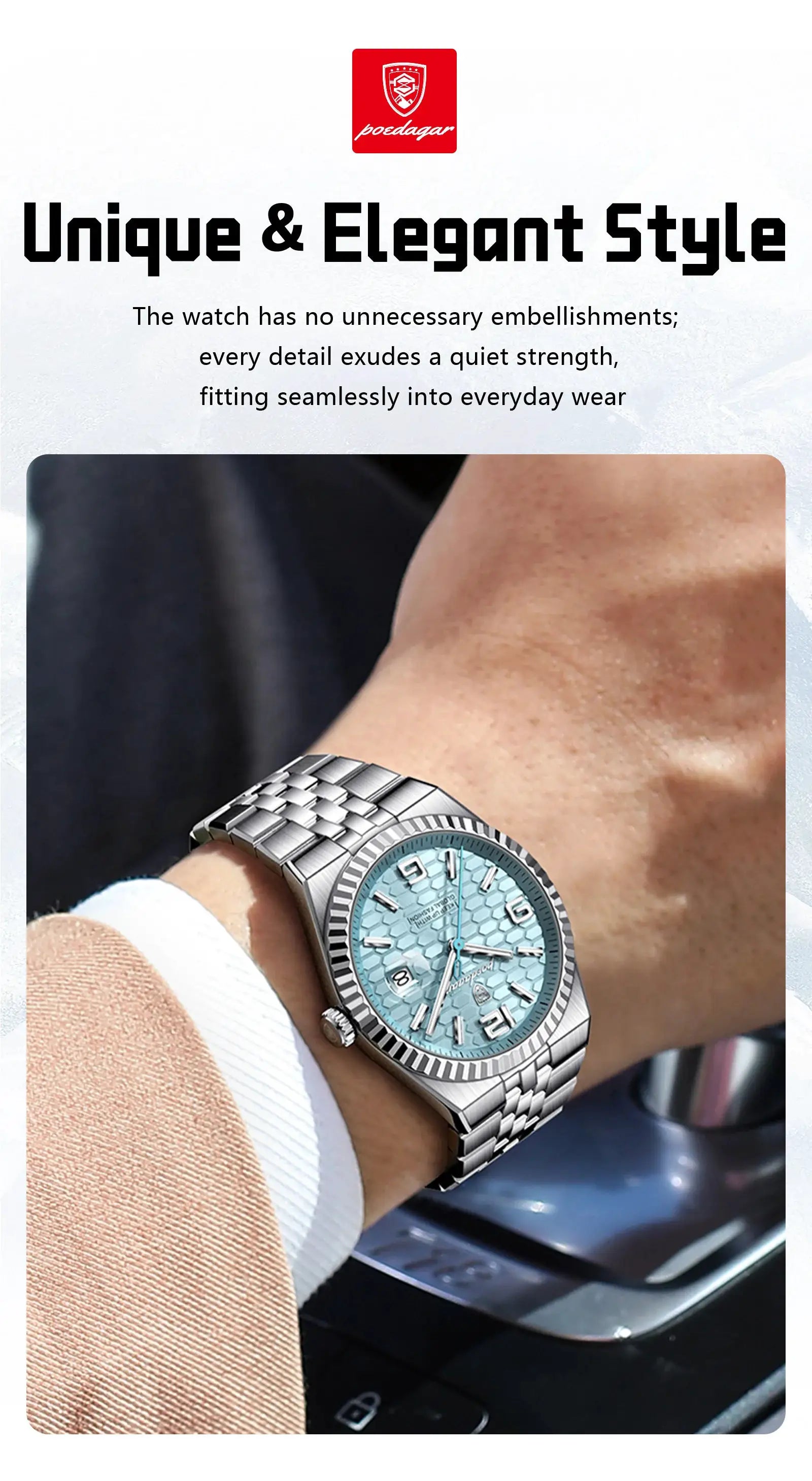 POEDAGAR men's luxury stainless steel quartz watch with blue honeycomb dial and luminous hands