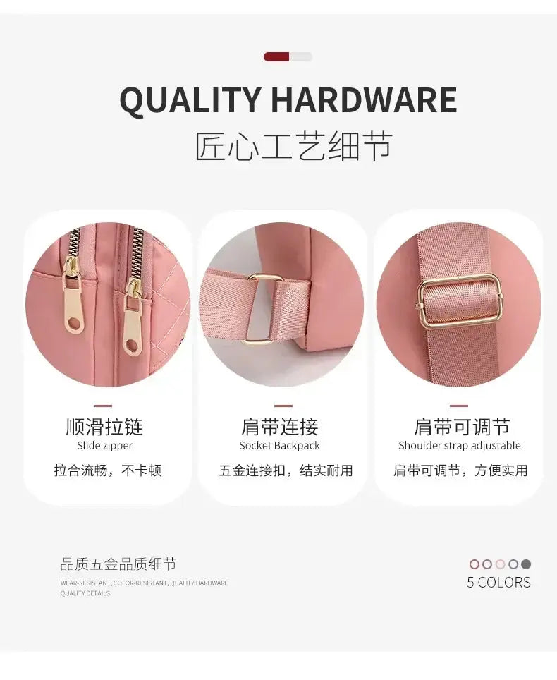 Simples Market pink shoulder bag backpack with embroidered detail, featuring gold zippers and adjustable strap hardware