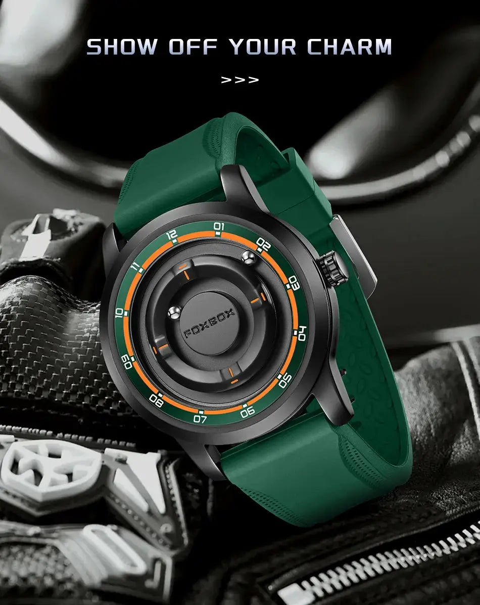 FOXBOX green silicone men's sport watch with black case and orange-green dial accents
