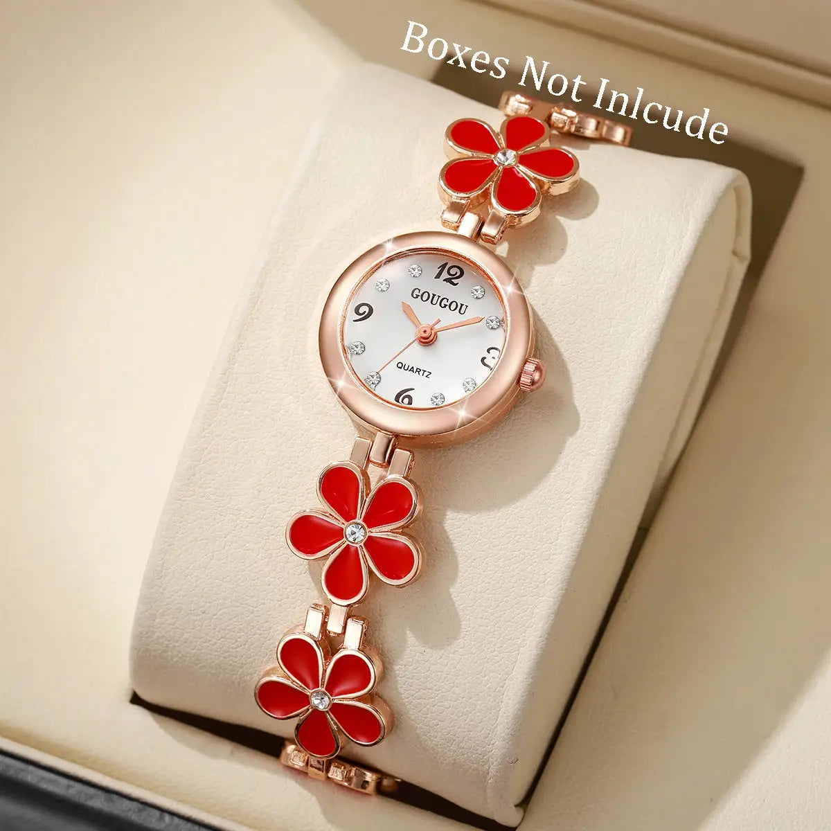 Women’s rose-gold GOUGOU quartz watch with red enamel flower bracelet and crystal markers