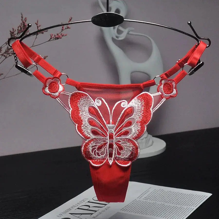 Butterfly lace thong for women, red low-waist G-string with embroidered butterfly front and adjustable straps