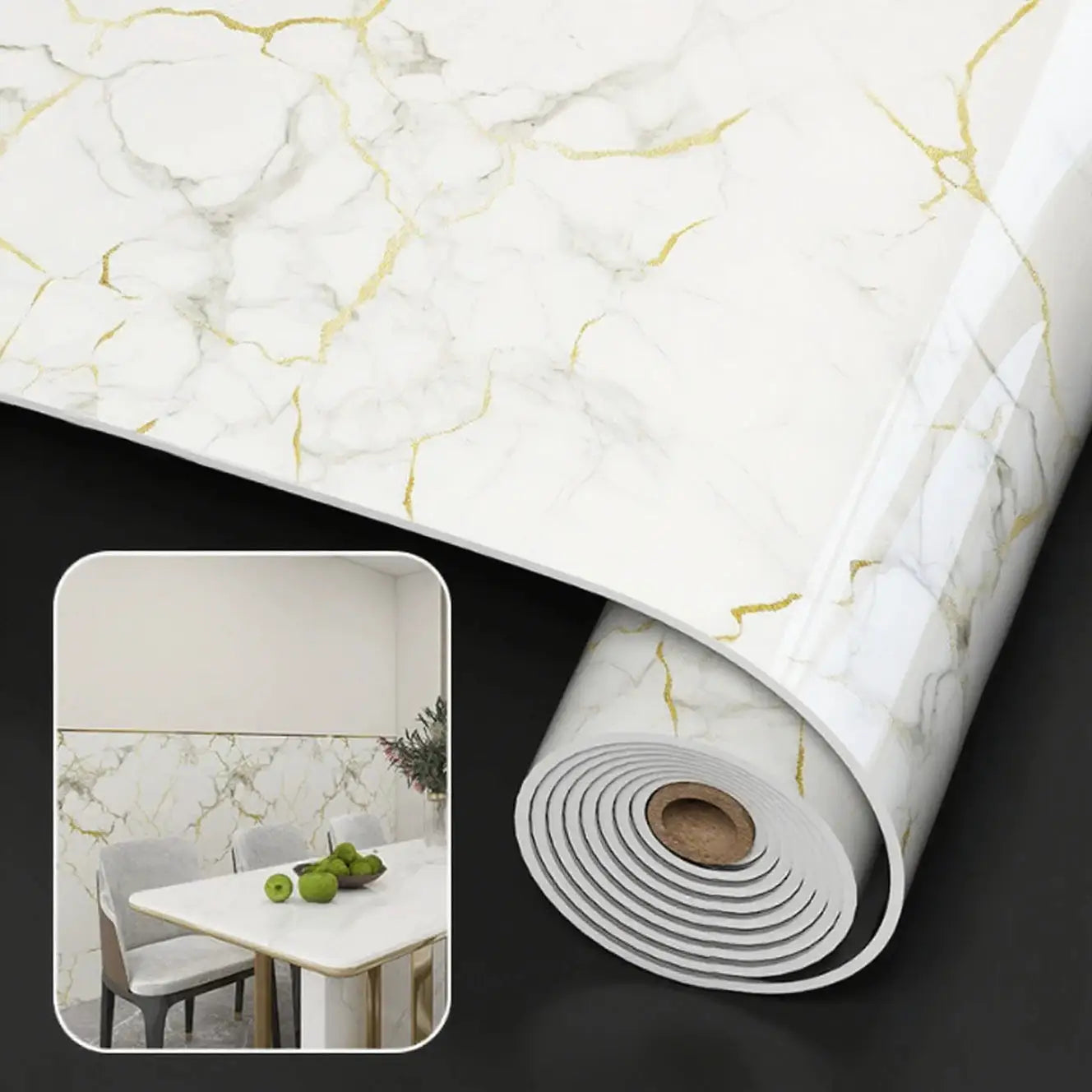 Self-adhesive marble foam wallpaper roll; white marble with gold veins, waterproof wall sticker