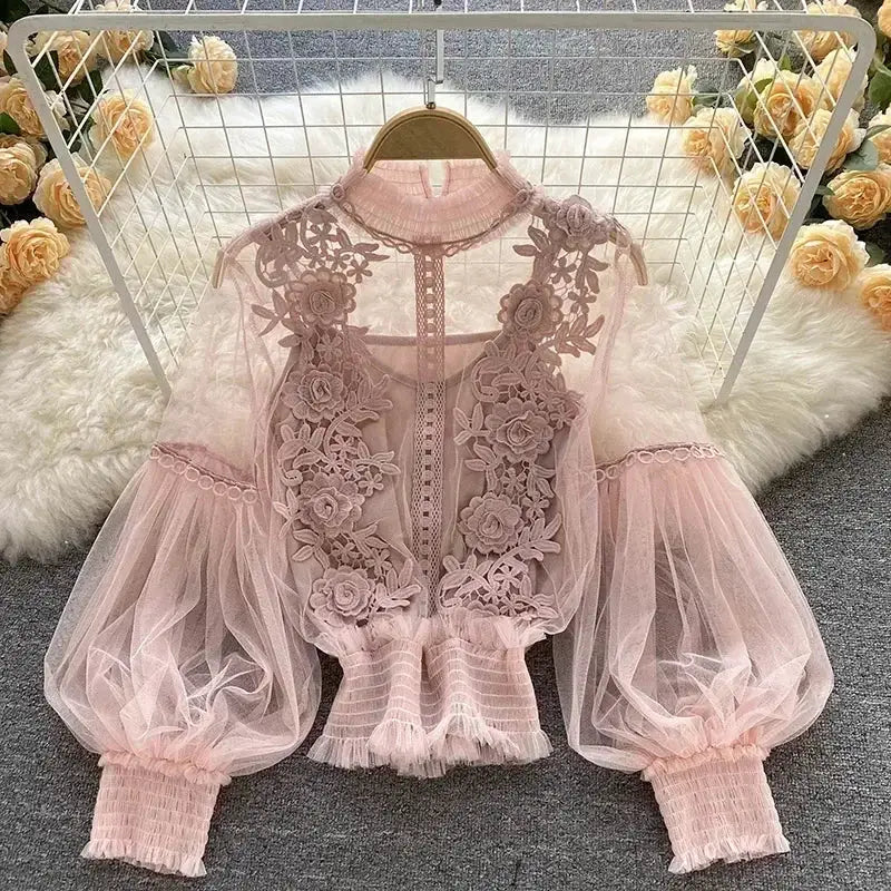 Lace puff-sleeve blouse in pink with floral embroidery and sheer sleeves, Simples Market