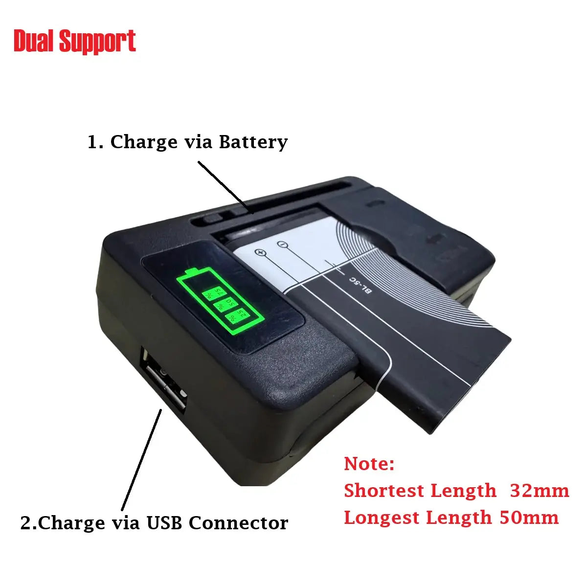 Universal USB Battery Charger With LCD Indicator For Li Ion Cells 32 To 55 Millimeters Width US UK EU Plug