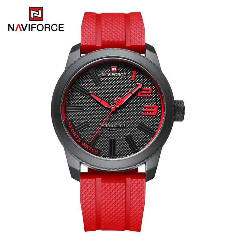 Naviforce men's quartz sports watch with red silicone strap, black textured dial, 30M water resistant
