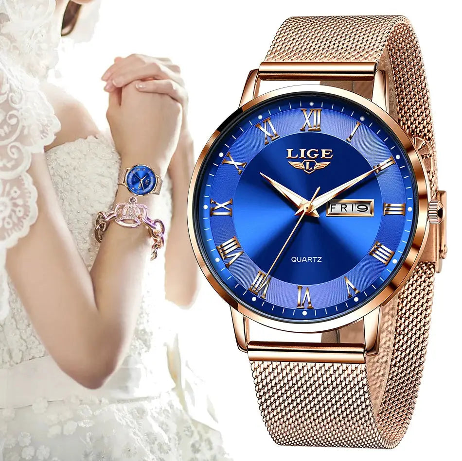 Two views of LIGE women's rose-gold mesh bracelet watch with blue dial, Roman numerals and date window.