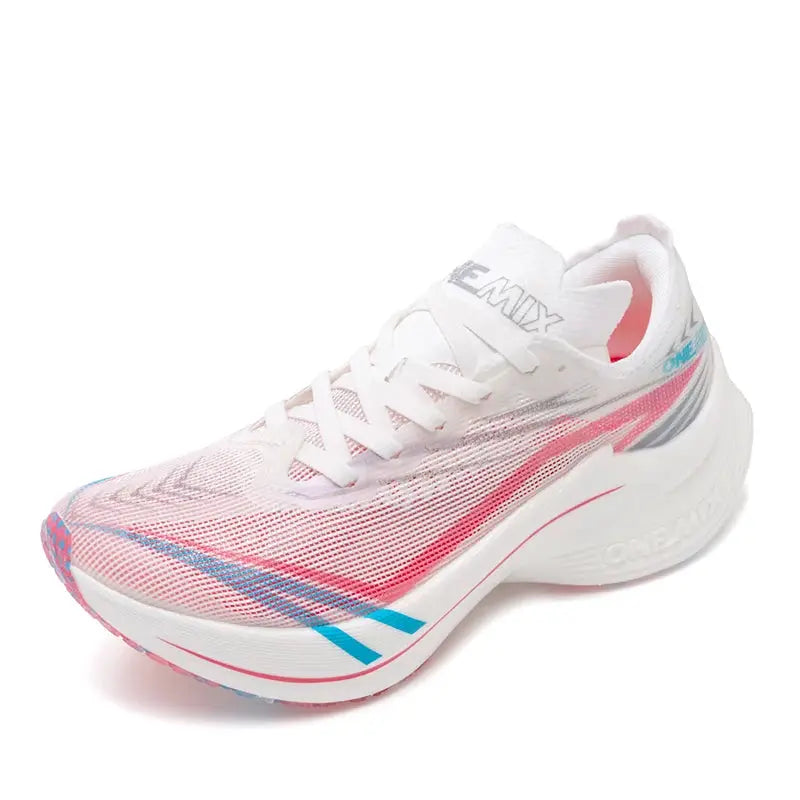 ONEMIX marathon carbon plate running shoe; white with pink/blue accents, lightweight men's racing sneaker.