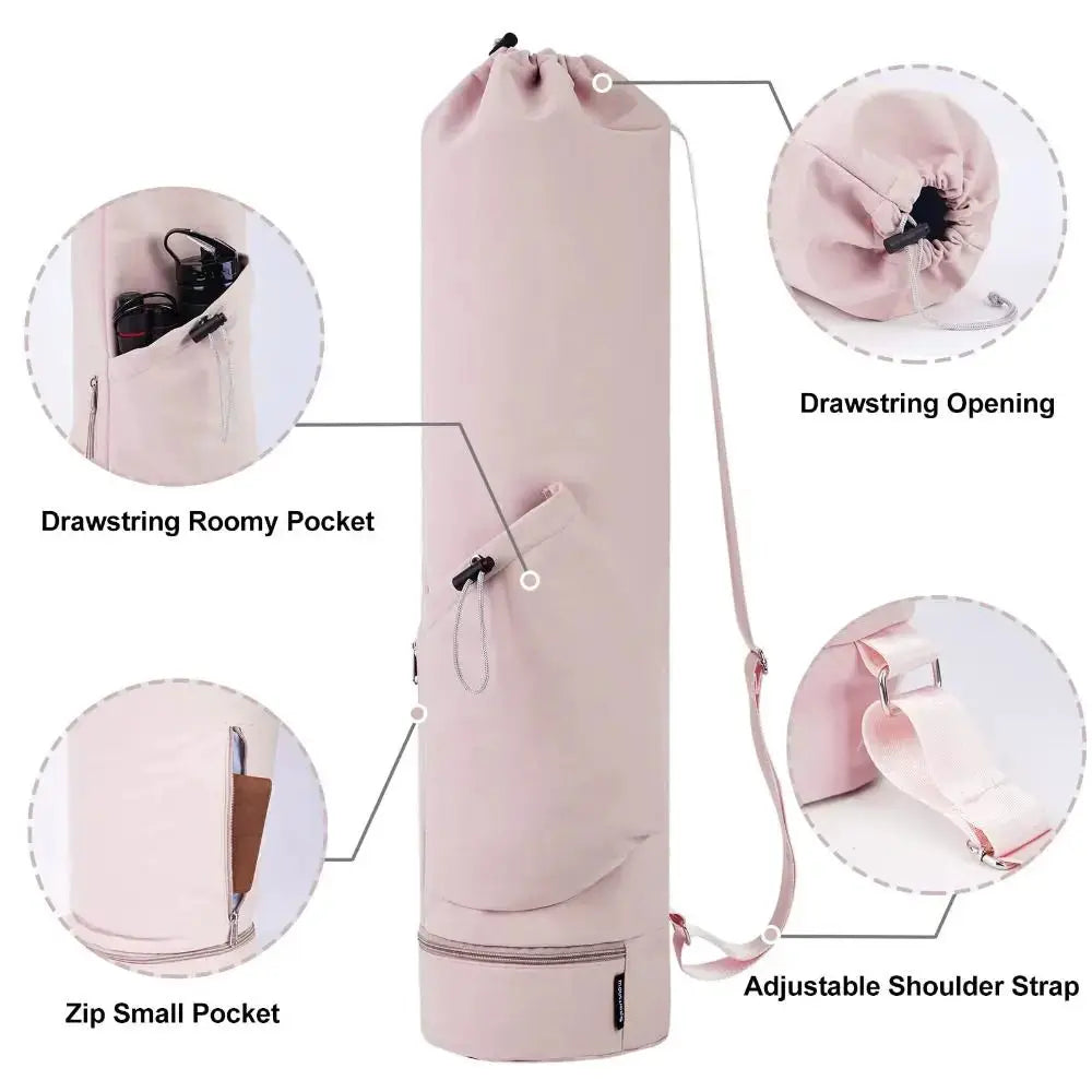 Yoga mat bag pink with large capacity, drawstring opening, adjustable shoulder strap and front zip pocket