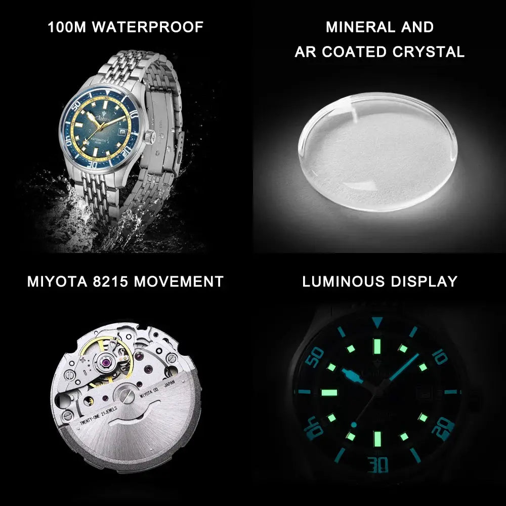 Cadisen men's automatic mechanical watch, silver stainless steel, Miyota 8215 movement, domed glass; 4-panel collage