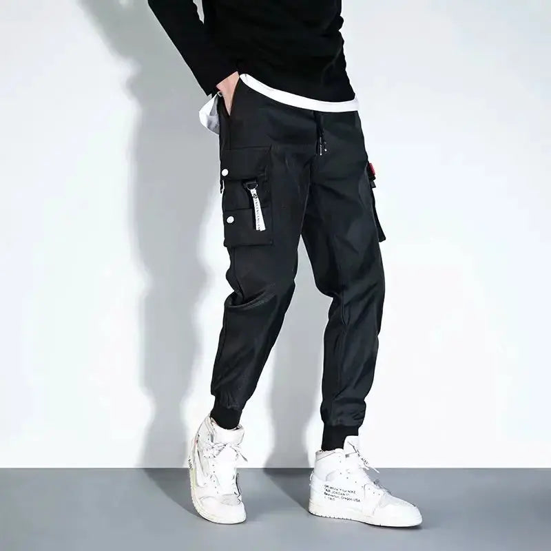 Simples Market men's cargo tactical work pants with multiple pockets, black jogger-style