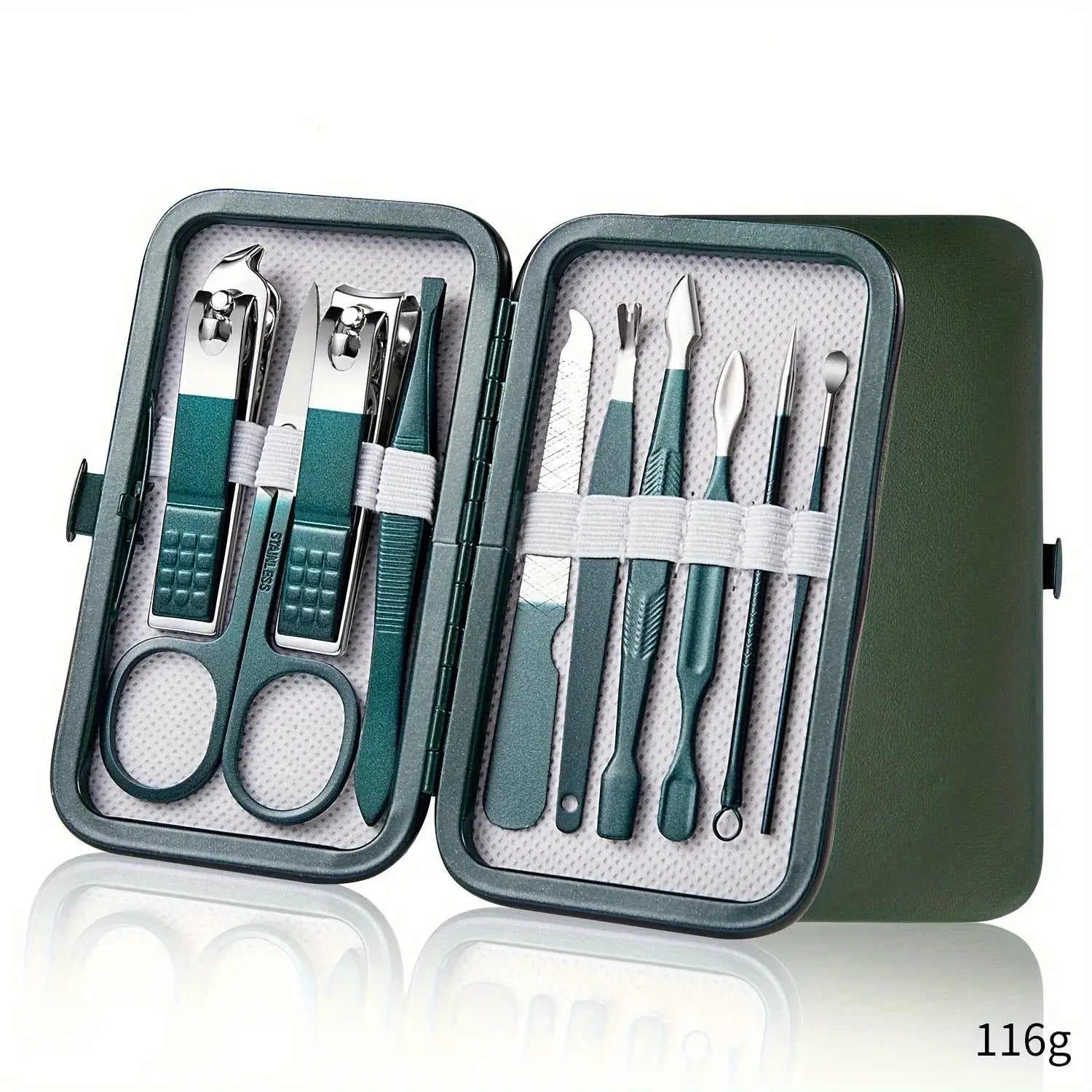 Simples Market nail care kit; 7–18 piece stainless steel manicure and pedicure set in green travel case