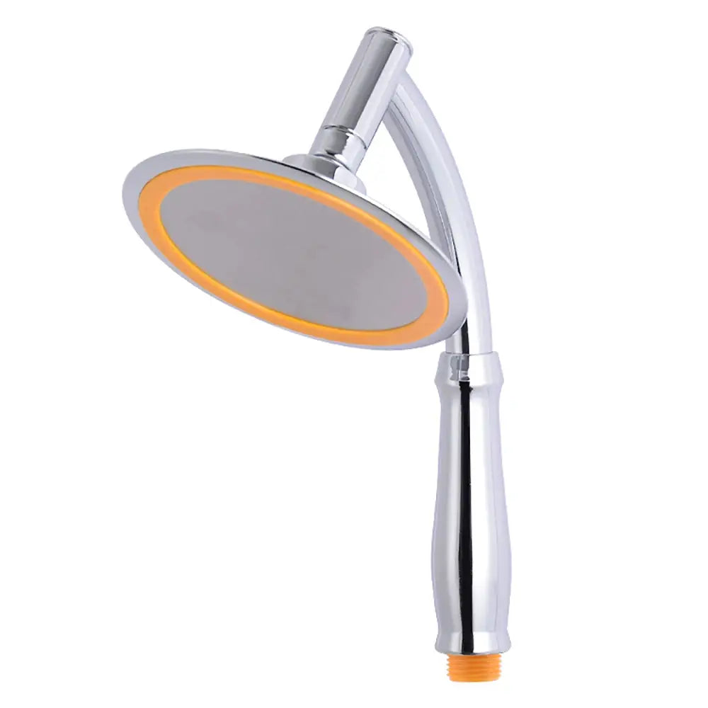Simples Market 6-inch round rainfall handheld shower head with chrome finish and orange accent.