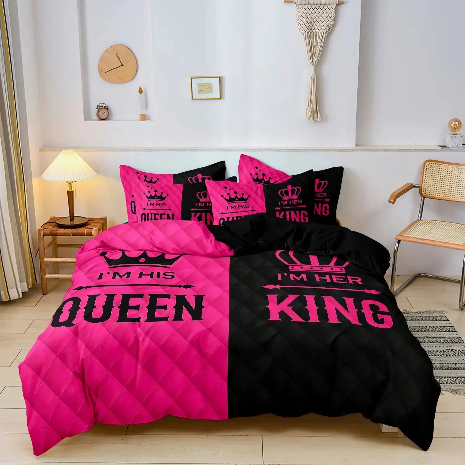 Simples Market 3pc King & Queen duvet cover set in pink and black with crown motifs