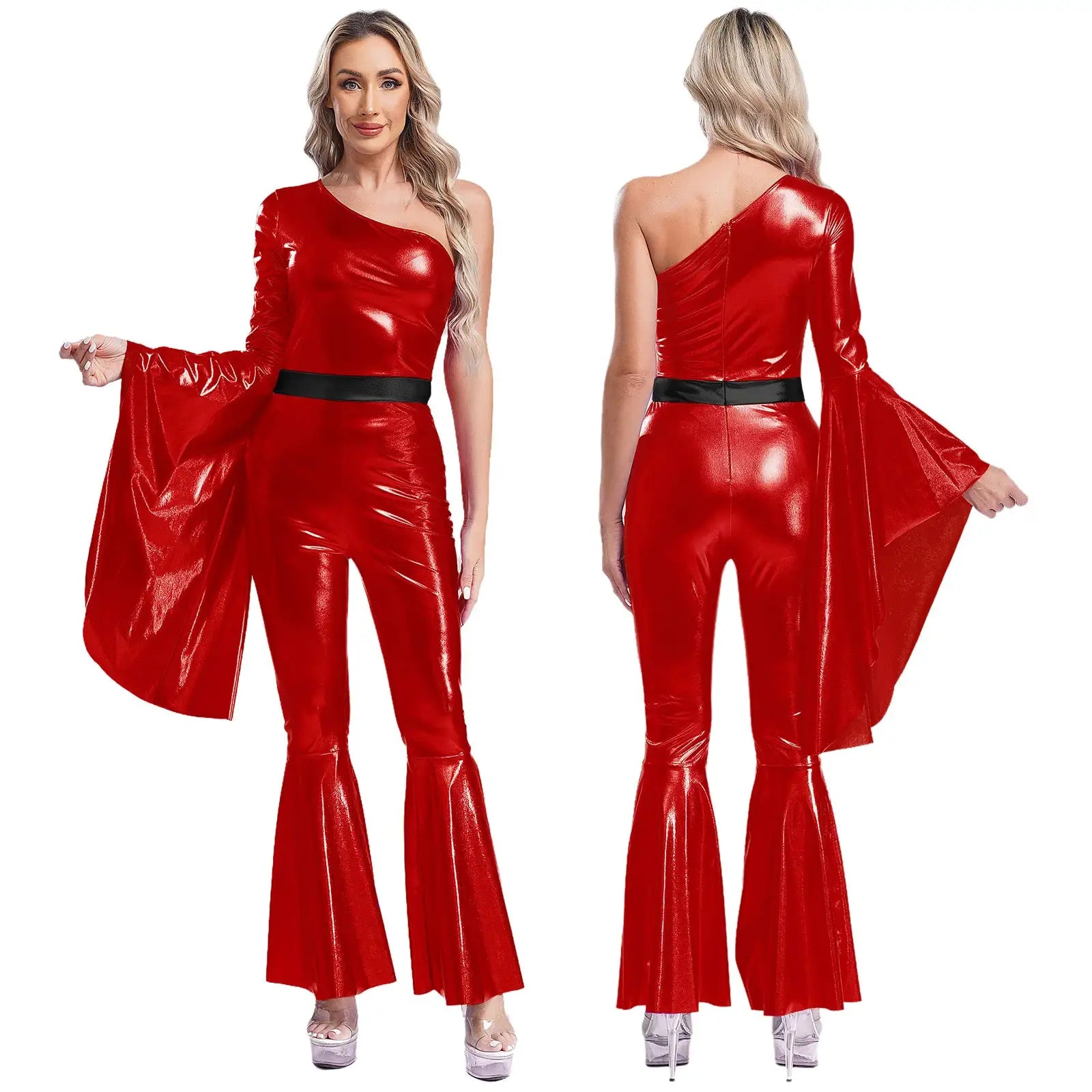 Womens red metallic one-shoulder jumpsuit with cape-sleeve and flared bell-bottom pants