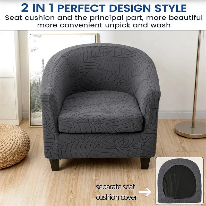 Leaves Jacquard Tub Chair Cover by Simples Market in charcoal gray with leaf pattern; stretch anti-dirt fabric for a single club chair.