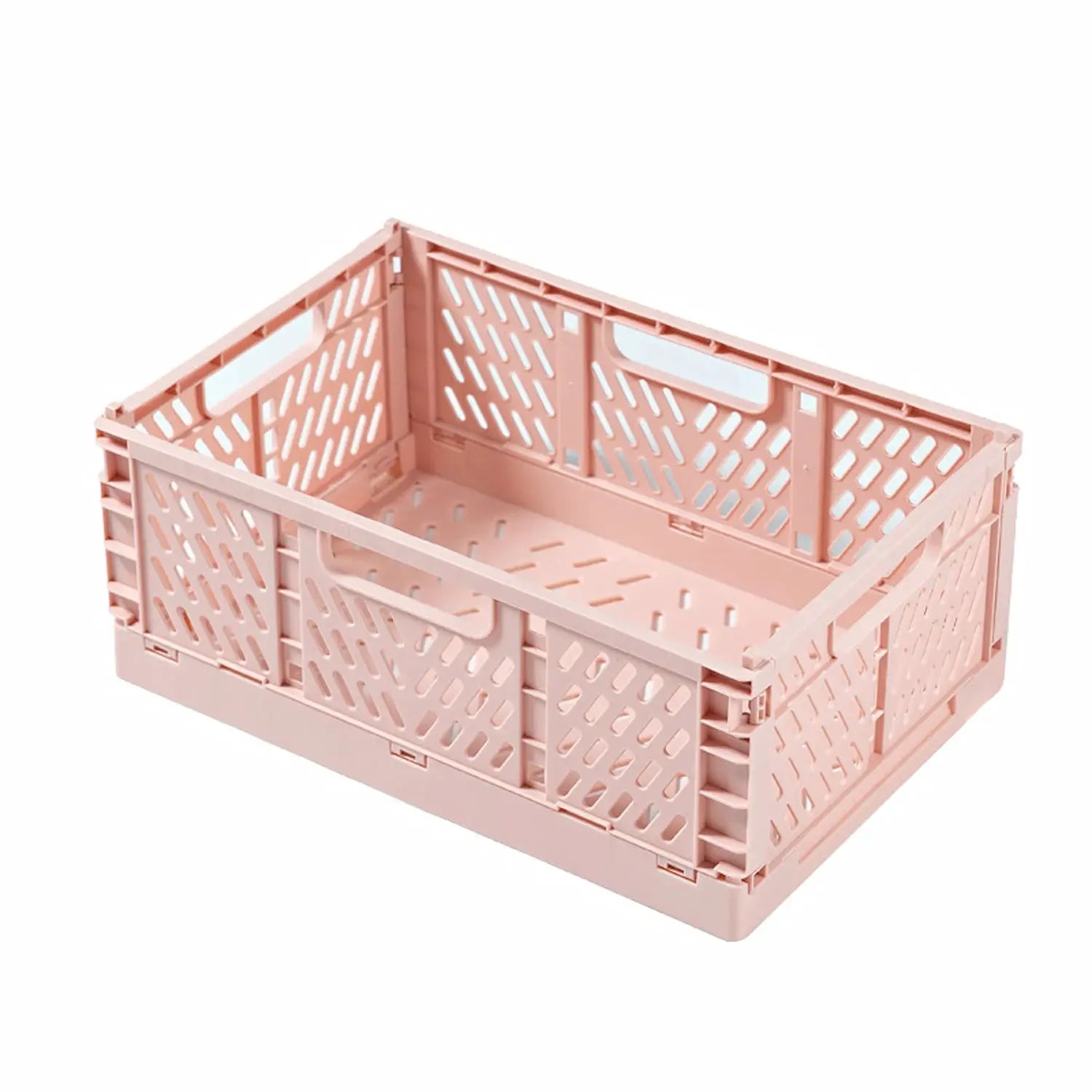 Plastic foldable storage crate, pink with vented sides, portable and stackable.