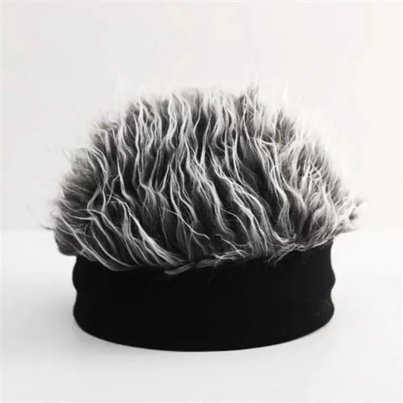 Black knitted cap with gray fluffy faux fur top, hip-hop style decorative wig cap