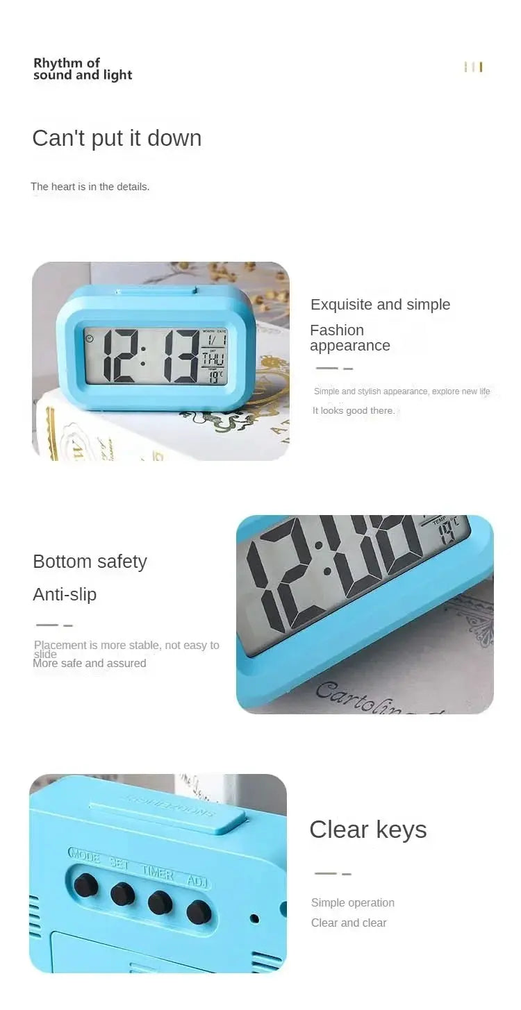 Led digital alarm clock by Simples Market, blue plastic case with backlight and calendar display