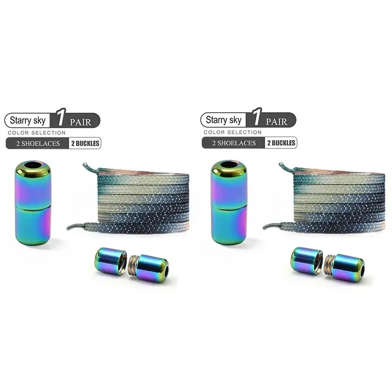 No-tie rainbow elastic shoelaces with metallic buckles; 2 packs shown by Simples Market