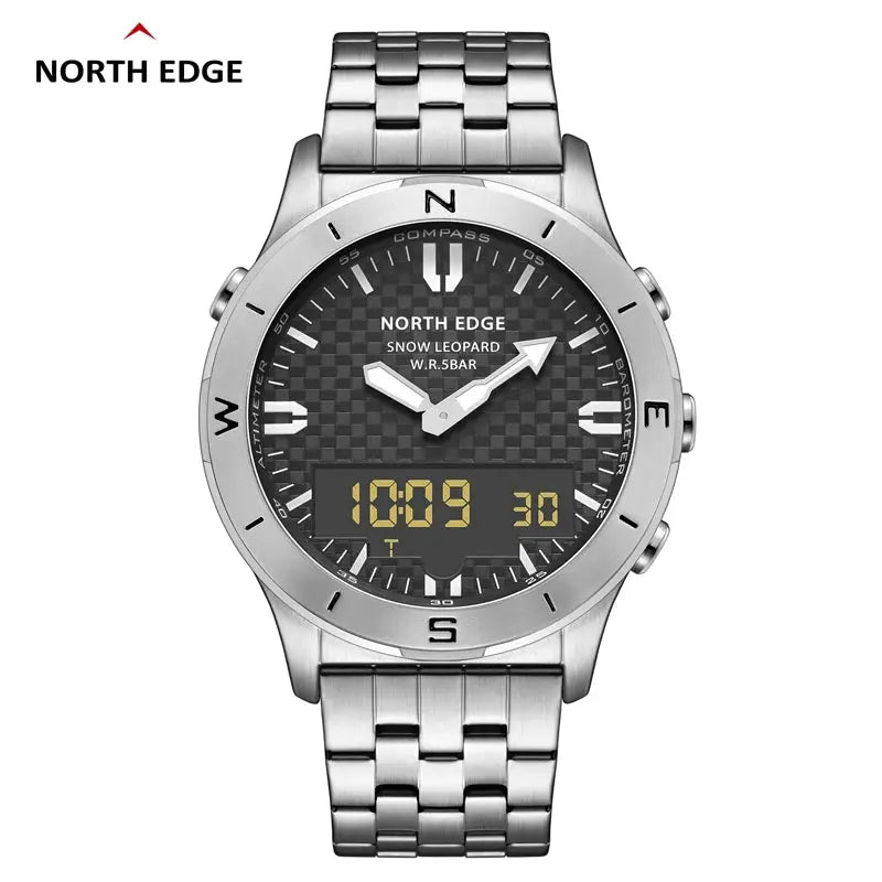 North Edge men's stainless steel sports watch with analog hands, digital display, and compass bezel.