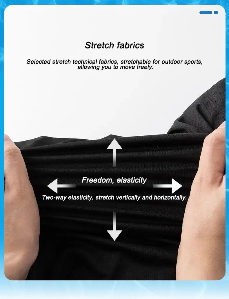 Stretch fabrics infographic showing hands pulling black fabric to illustrate elasticity.