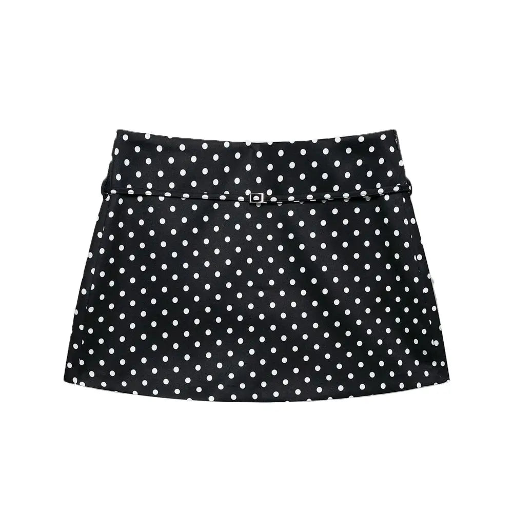Women's black polka dot skort with belt and side zipper, Simples Market