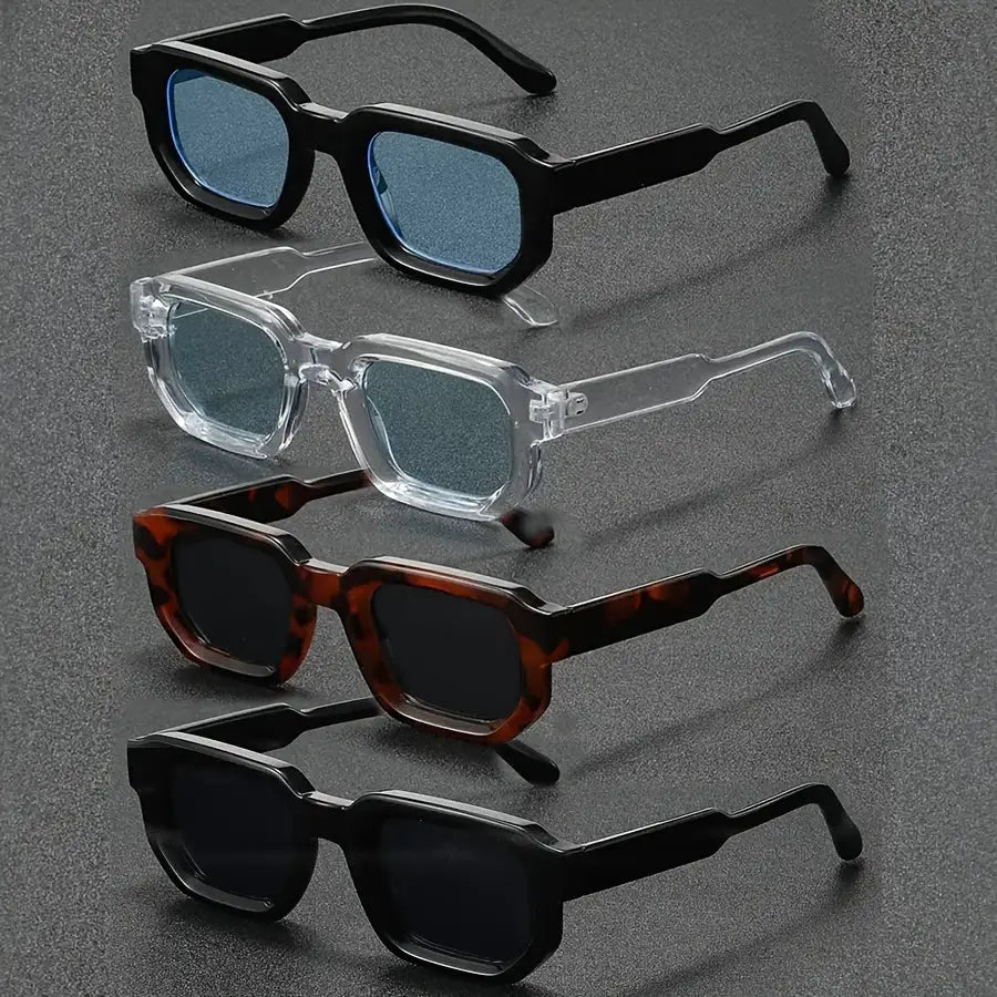4-piece men's vintage rectangular sunglasses set with black, clear, tortoiseshell, and black frames