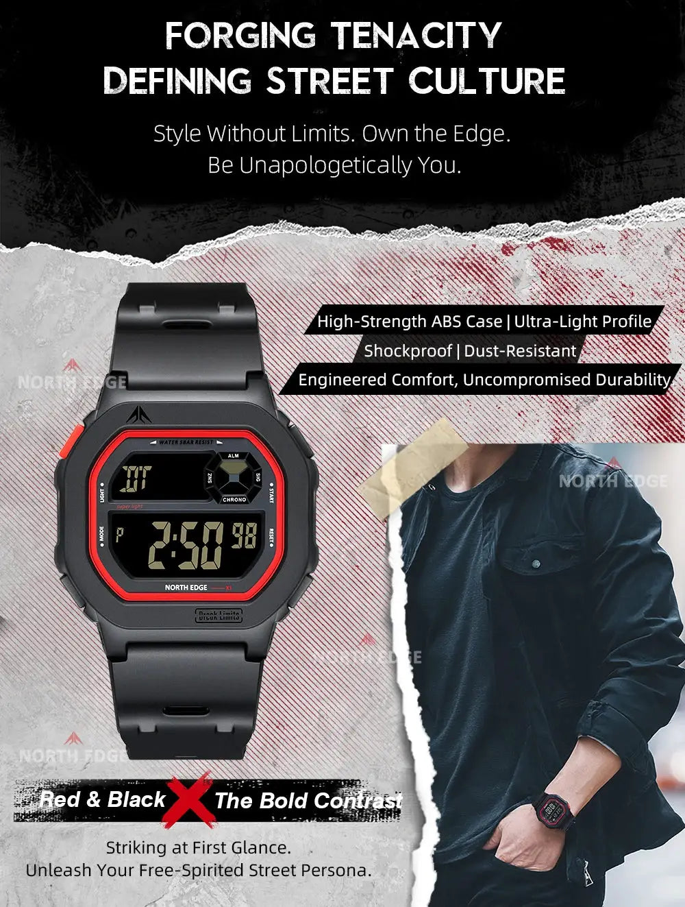 NORTH EDGE X1 square-screen digital watch, black with red bezel, 50M water resistant sport watch for men and women