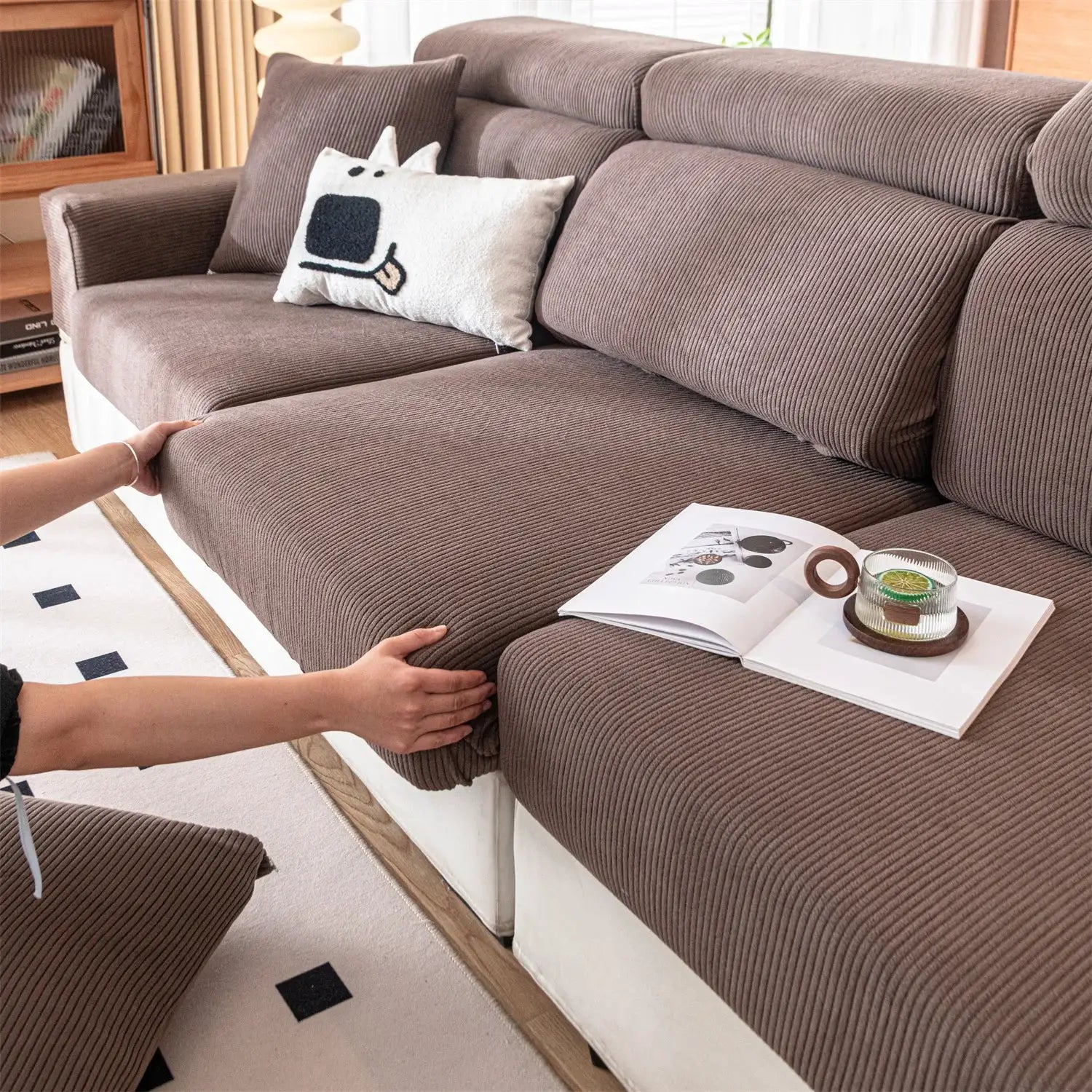 Brown striped jacquard stretch sofa seat cushion cover, removable and washable, protects living room furniture