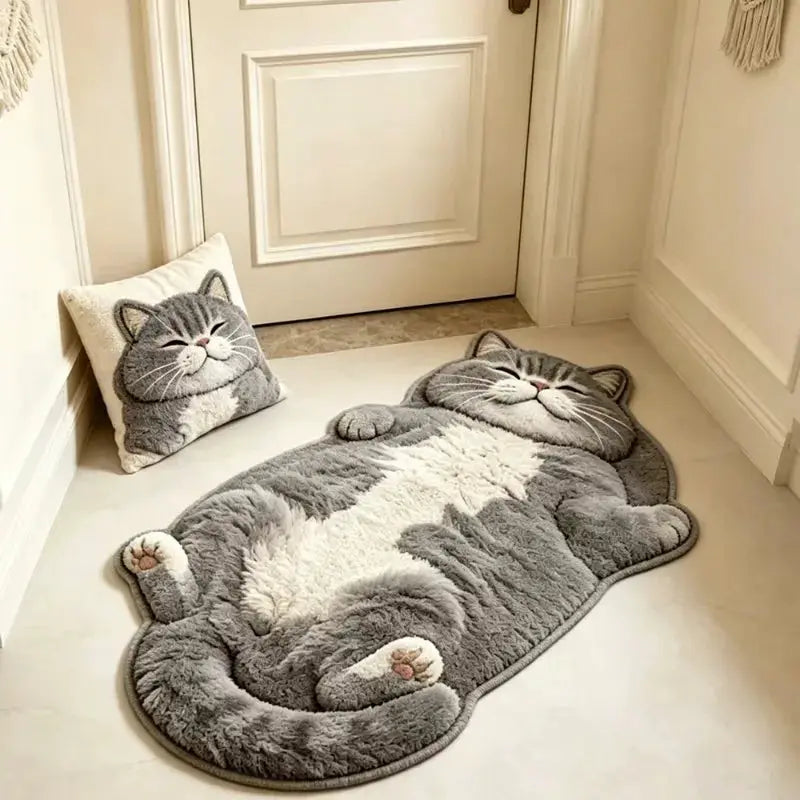 Cat-shaped gray plush area rug with a matching cat-face pillow, 2-piece set by Simples Market