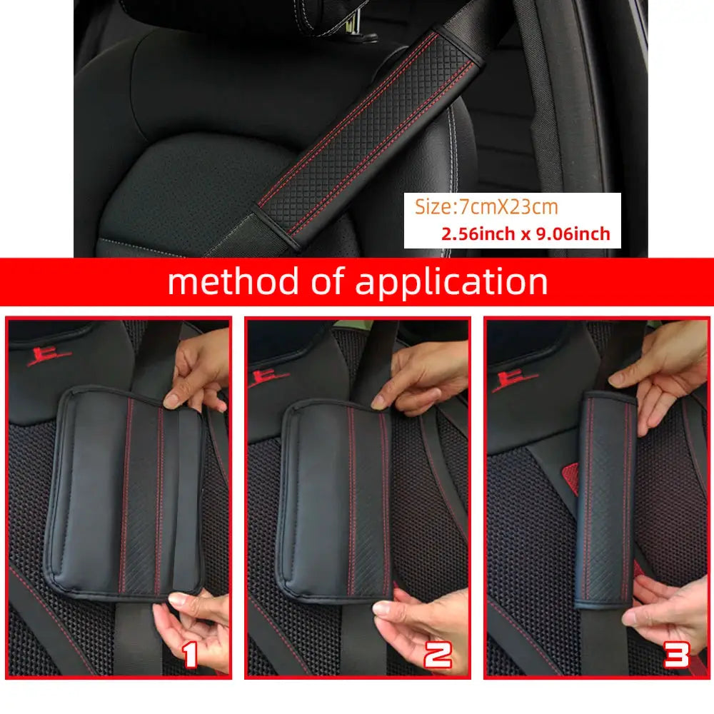 Simples Market PU leather embossed car seat belt shoulder cover in black with red stitching, 7x23 cm