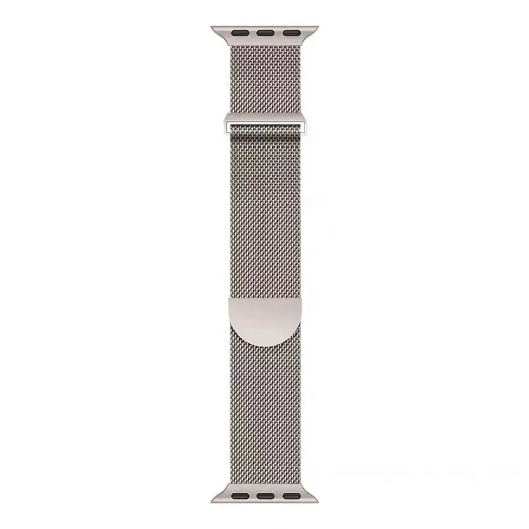 Metal Milanese strap in rose gold for Apple Watch; magnetic mesh band fits 40–49mm sizes