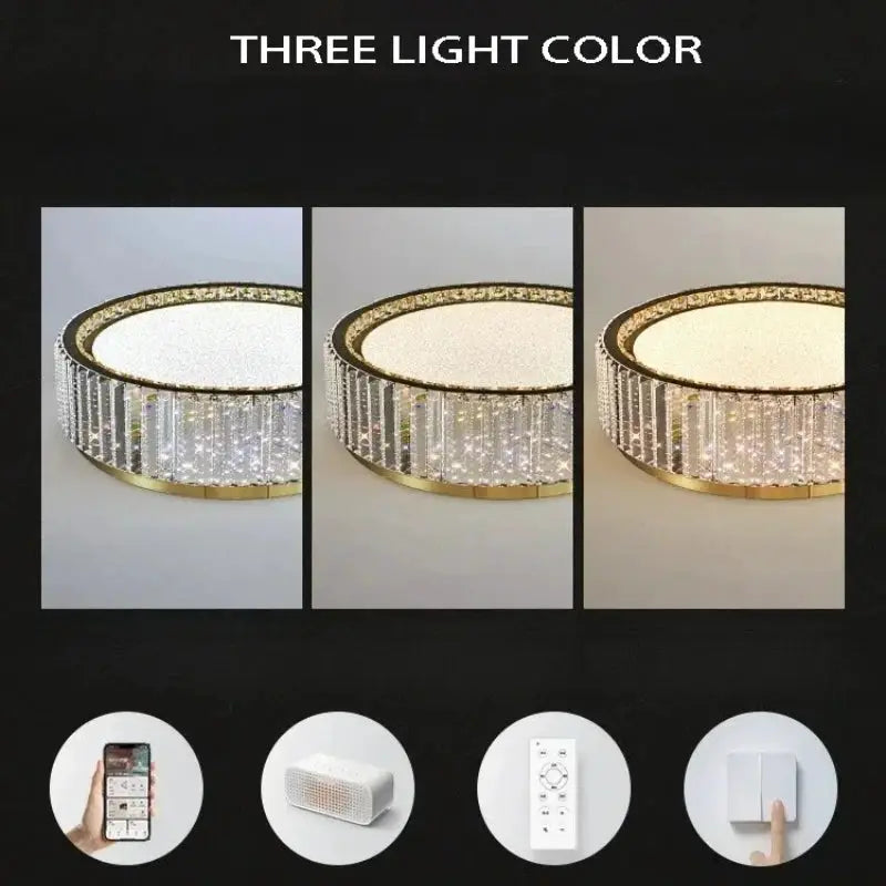 Crystal ceiling lamp with a round gold-trim ring and hanging crystal strands, available in three light color options.