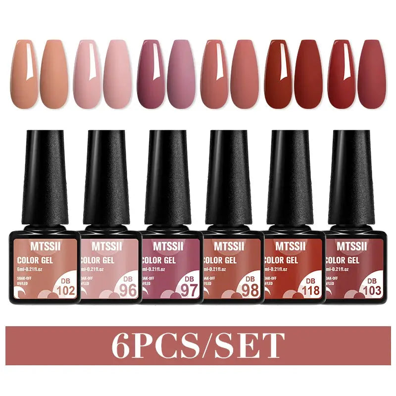 Gel nail polish set by Simples Market, 6-piece color gels in nude to red tones