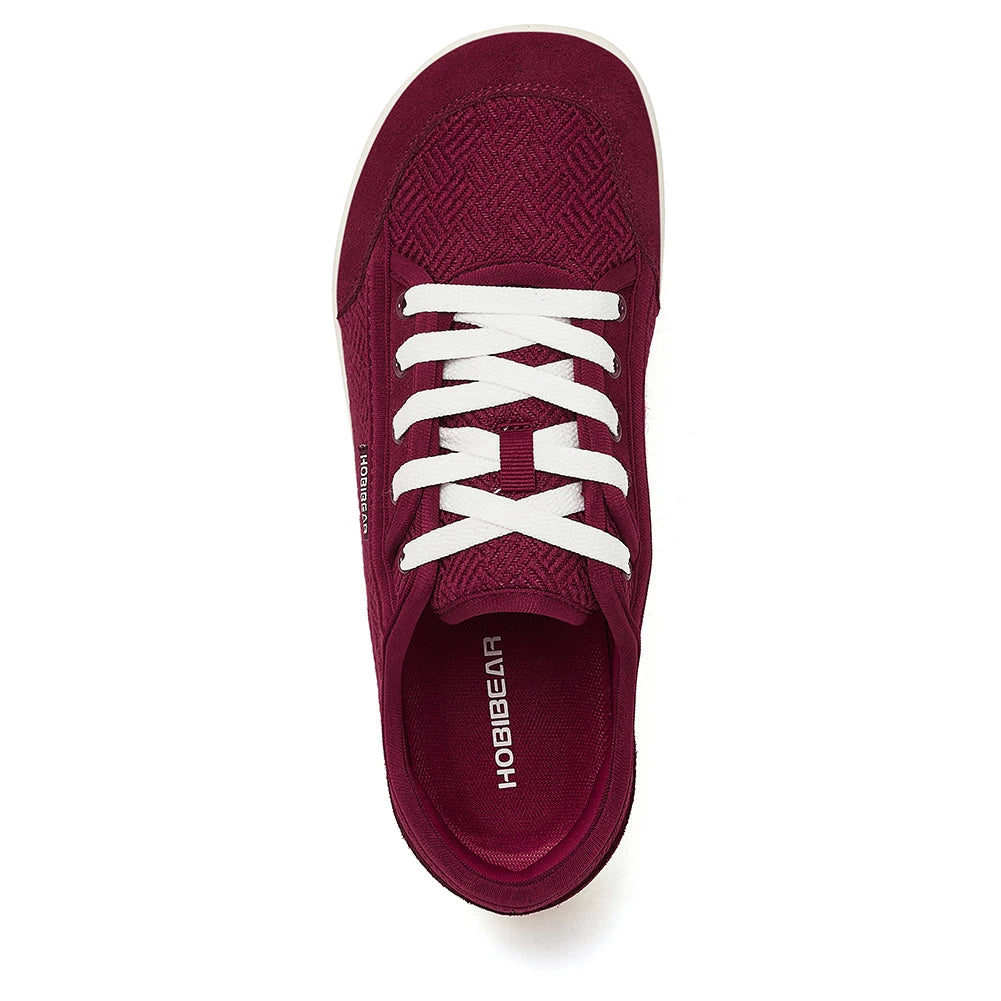 HOBIBEAR barefoot shoes lace-up sneakers, maroon with white laces, top view.
