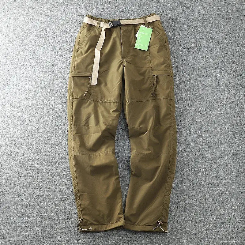 Waterproof Windproof Fleece-Lined Pants by Simples Market, olive-green men's straight-leg cargo trousers with pockets