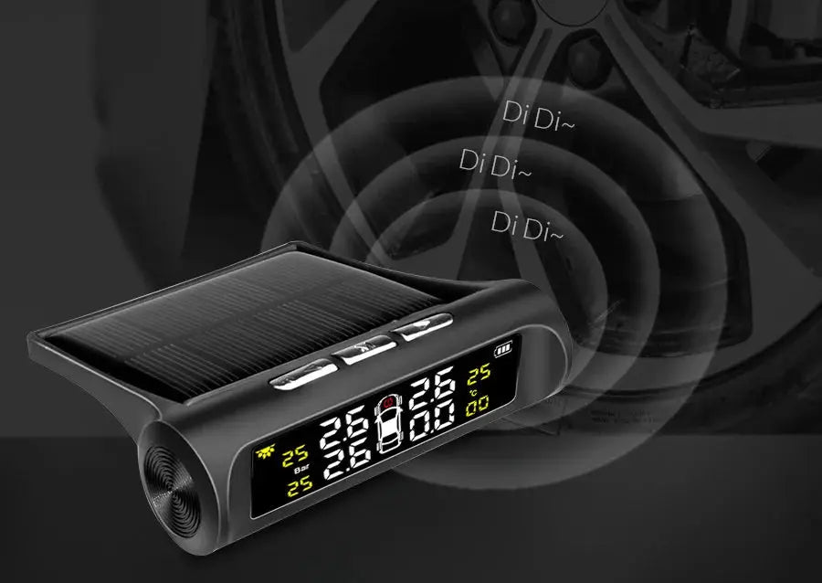 E-ACE Solar Power TPMS tire pressure monitor with black body, digital display and built-in solar panel.