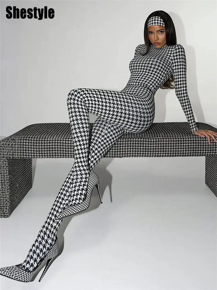 Shestyle plaid bodycon jumpsuit with turtleneck in black-and-white, paired with matching high-heeled boots