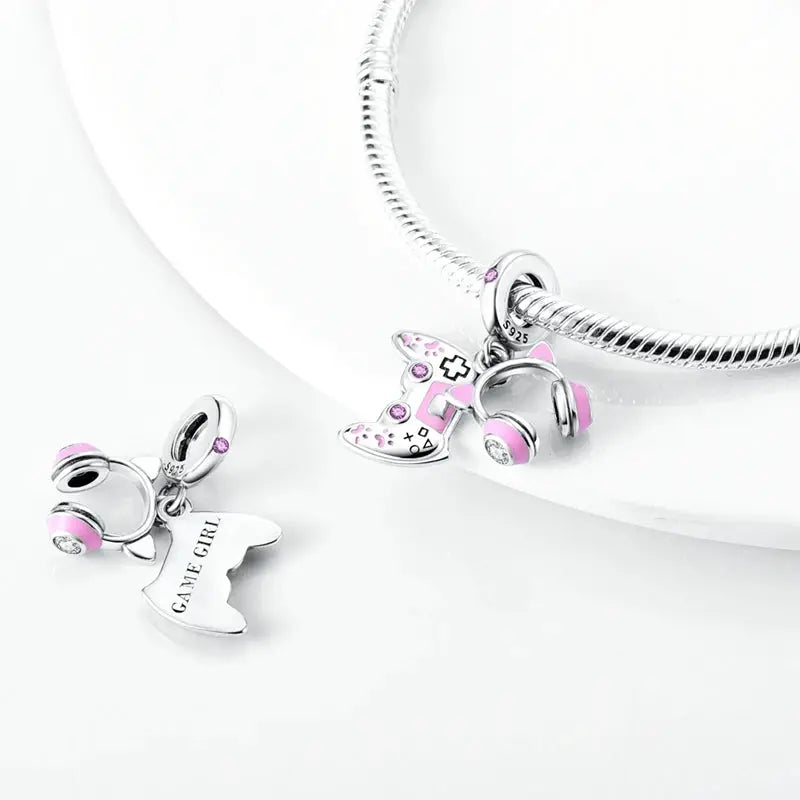 Pink Charms 925 Sterling Silver Heart Bow Perfume Bottle Charms Beads Pendants Fit Bracelet DIY Jewelry Making Women
