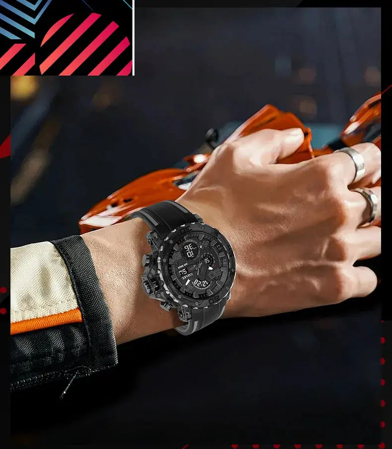 Simples Market military-style men's watch, black rugged 50M waterproof design with multiple subdials, worn on the wrist
